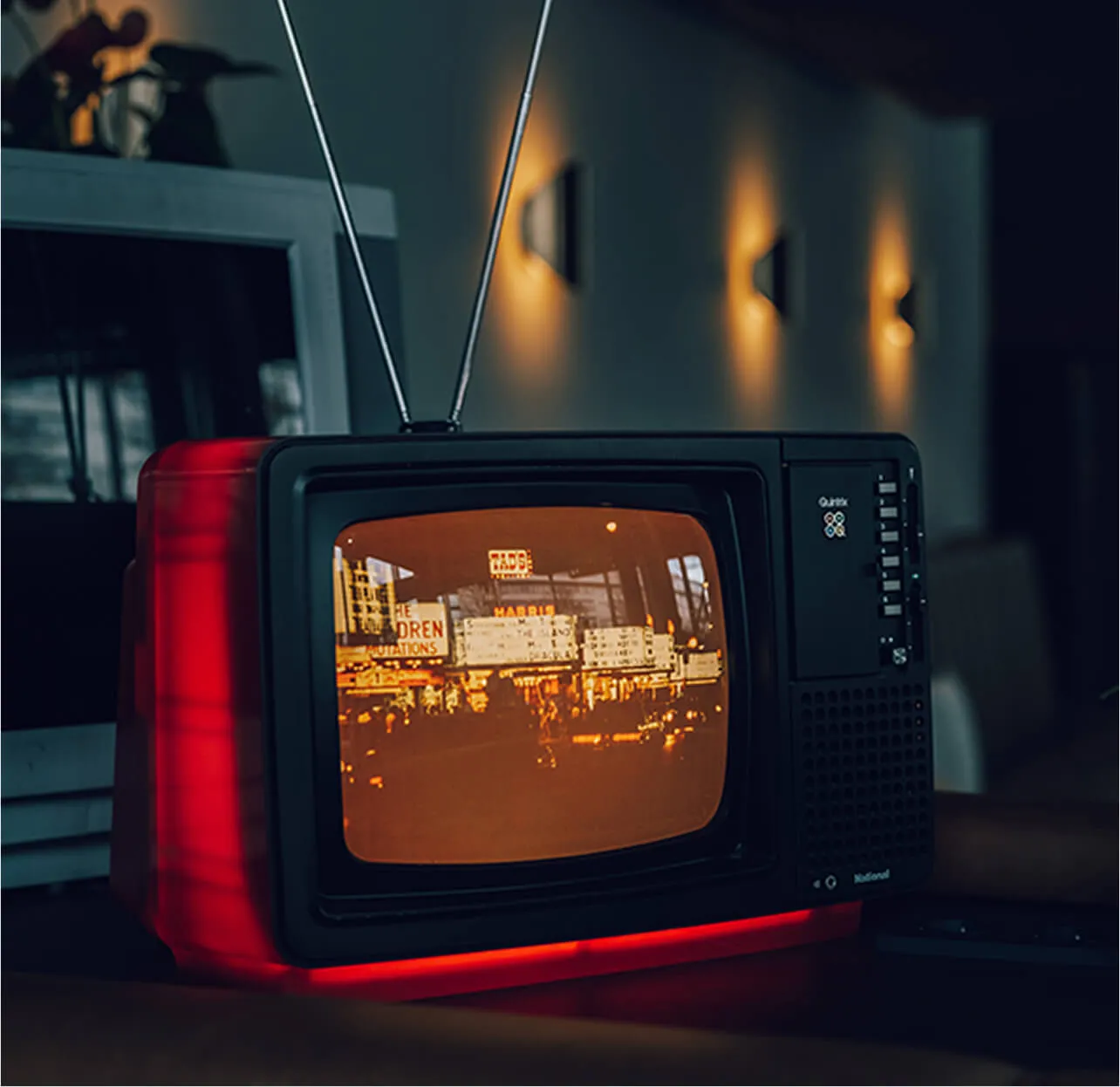 Old tv with an old building