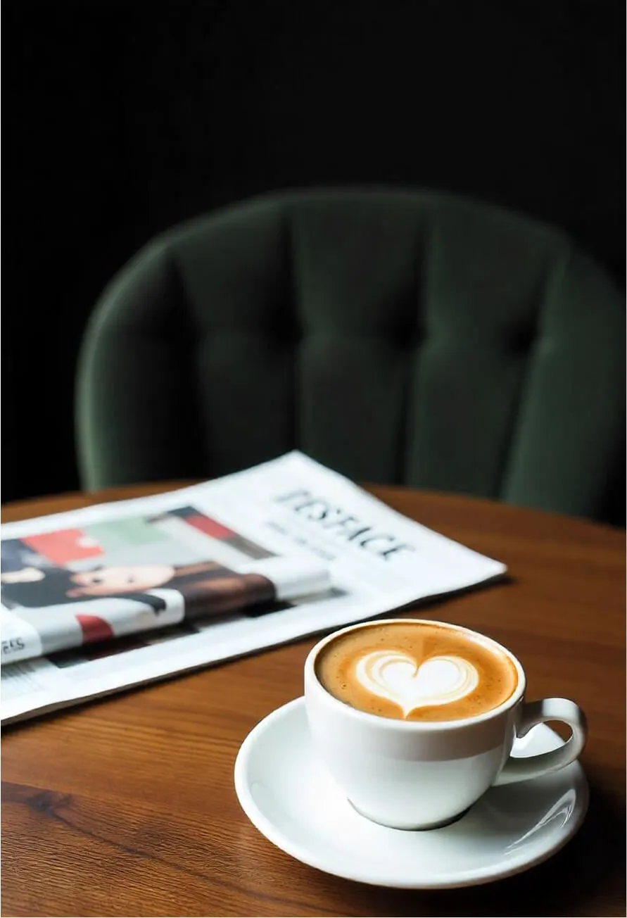 Wooden table with barista coffee and newspaper