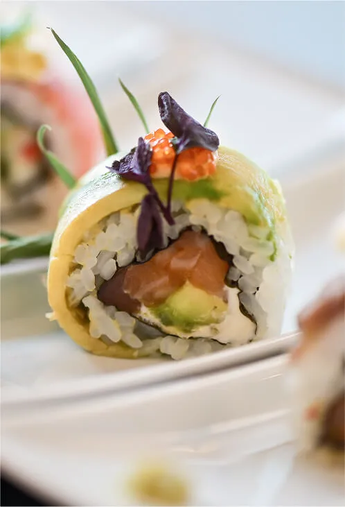 Close up of fresh sushi roll with salmon and avocado