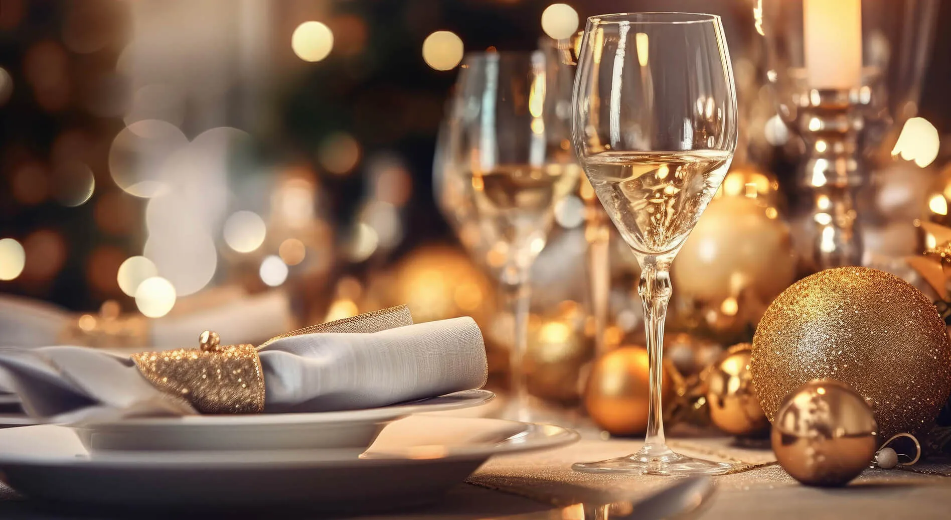 Gold gedeckter Tisch mit Weingläsern